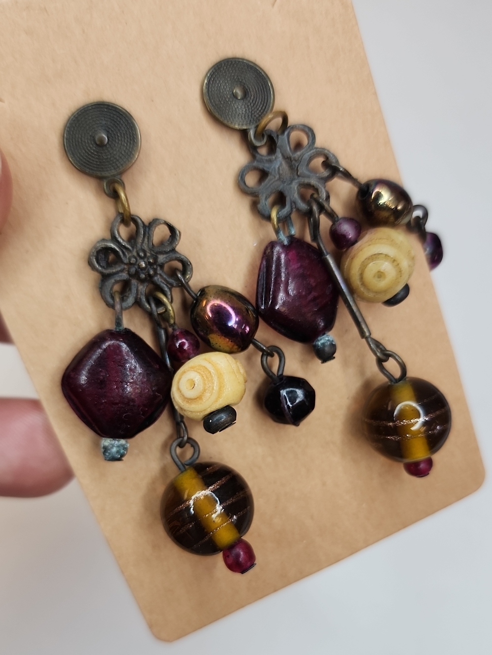 Boho Cluster Bead Chandelier Earrings Purple Brown Gold Tone